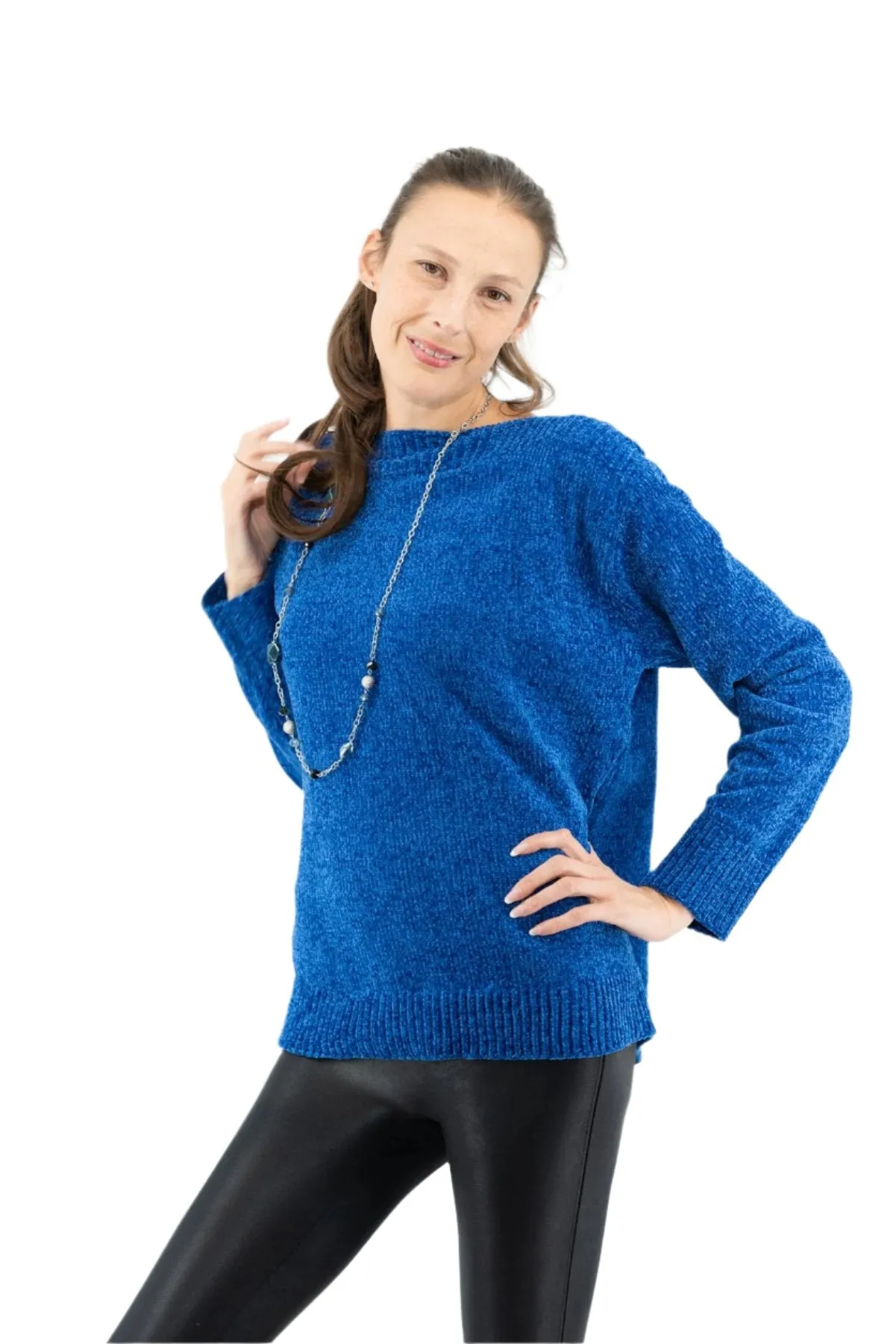 001- LuLu B Chenille Trim Pullover Sweater - Blue