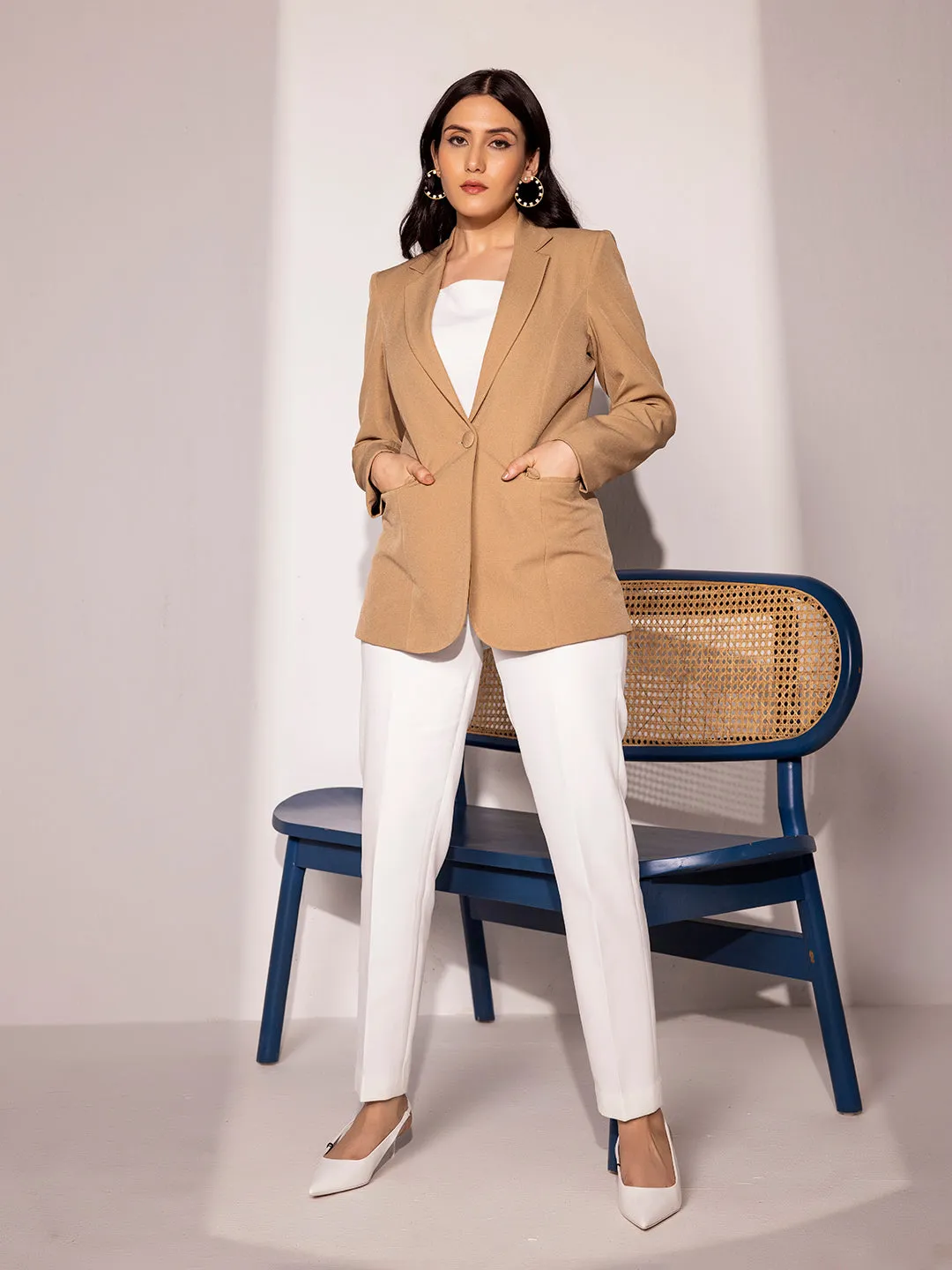 Beige Polyester Single Button Notch Collar Blazer