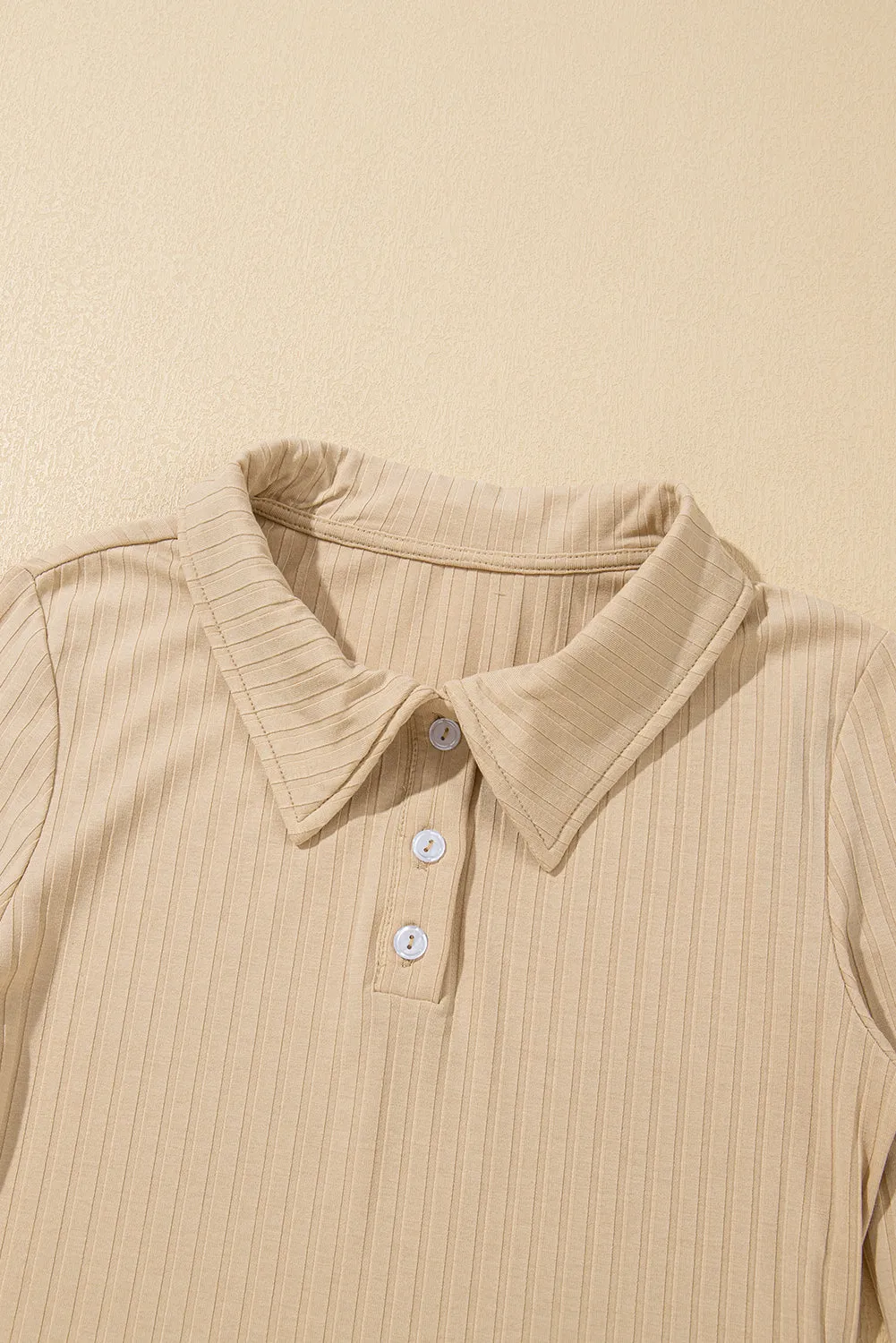 Beige Ribbed Buttoned Collar Long Sleeve Slim Fit Top