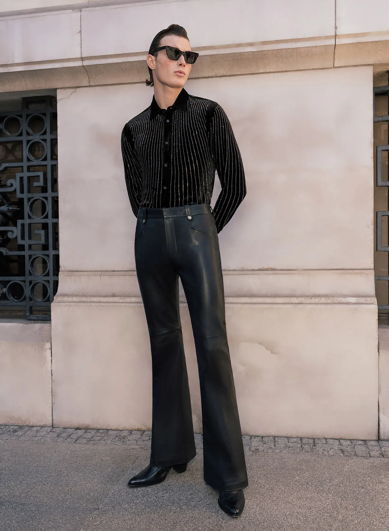 Black Leather Pin Belt Flared Trousers