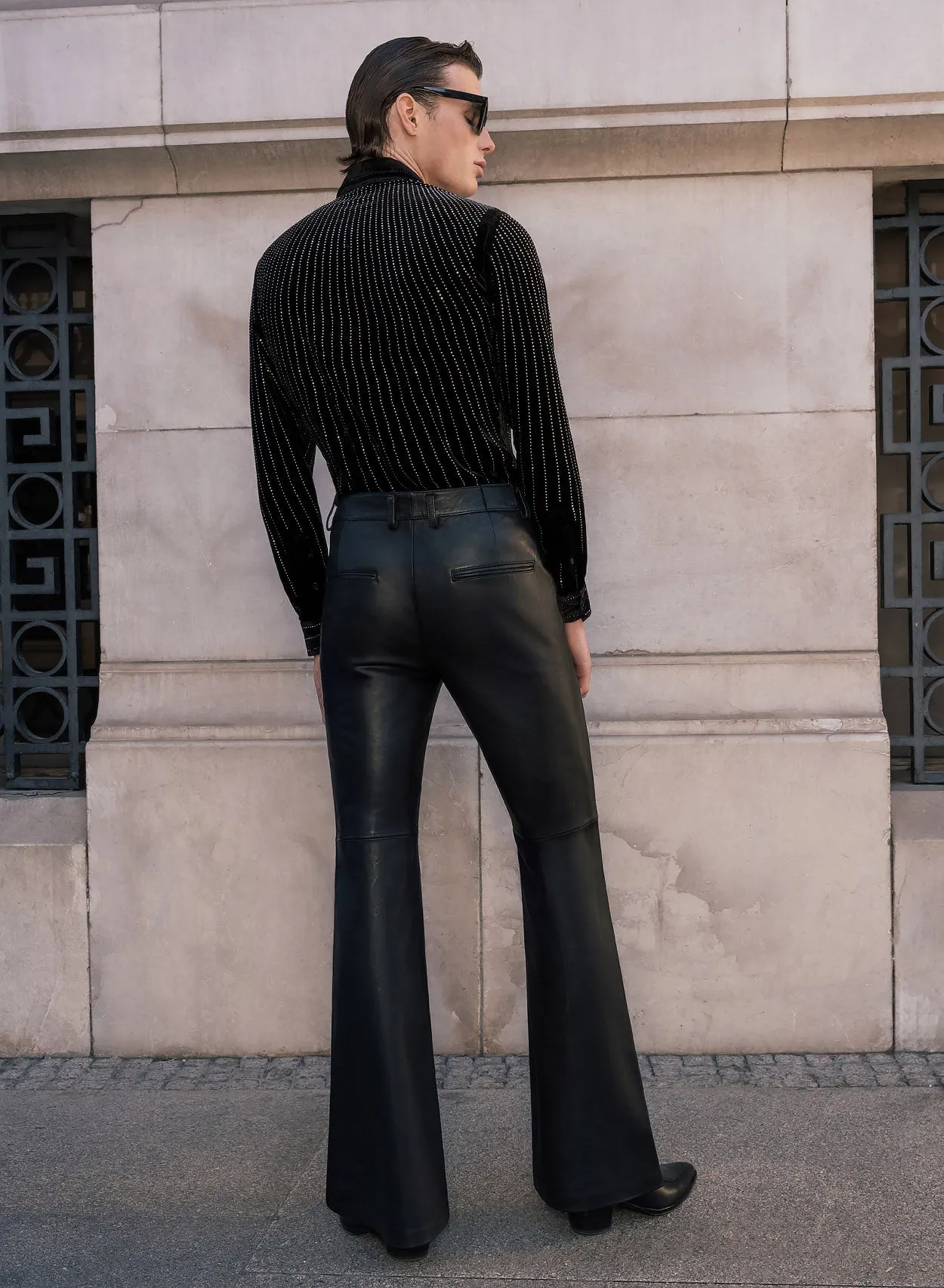 Black Leather Pin Belt Flared Trousers