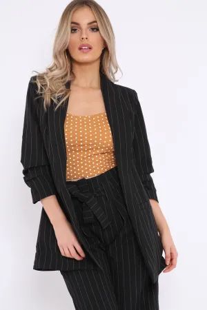 Black Pinstripe Ruched Sleeve Blazer - Romelia