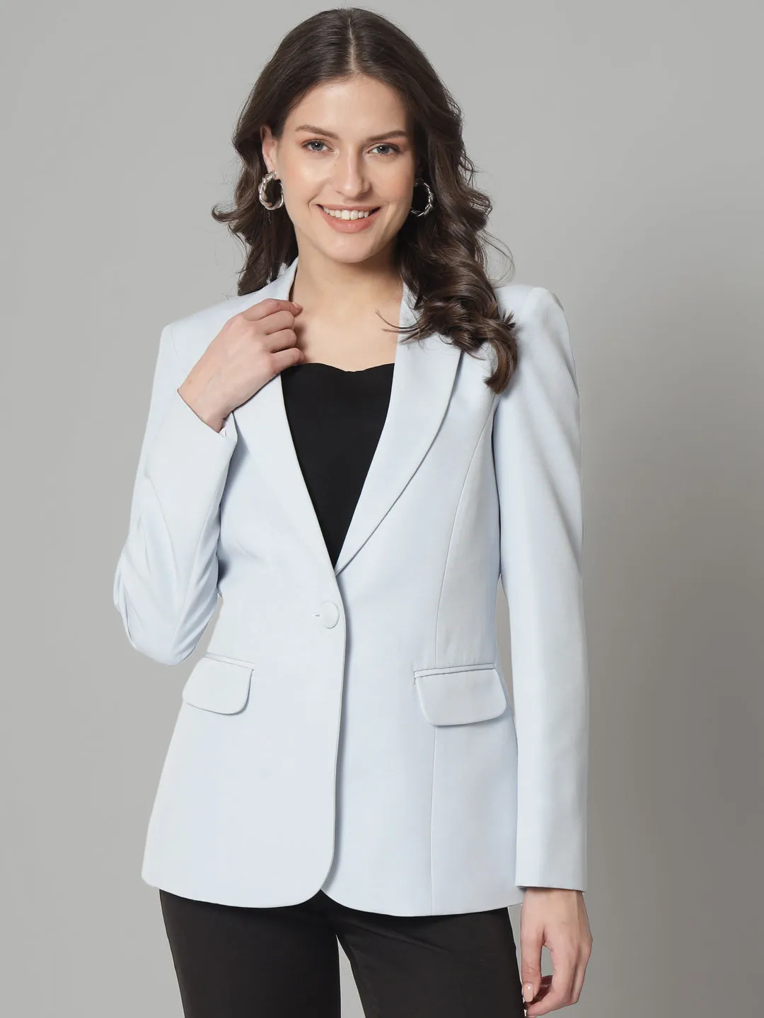 Blue Notched Collar Single-Button Closure Blazer