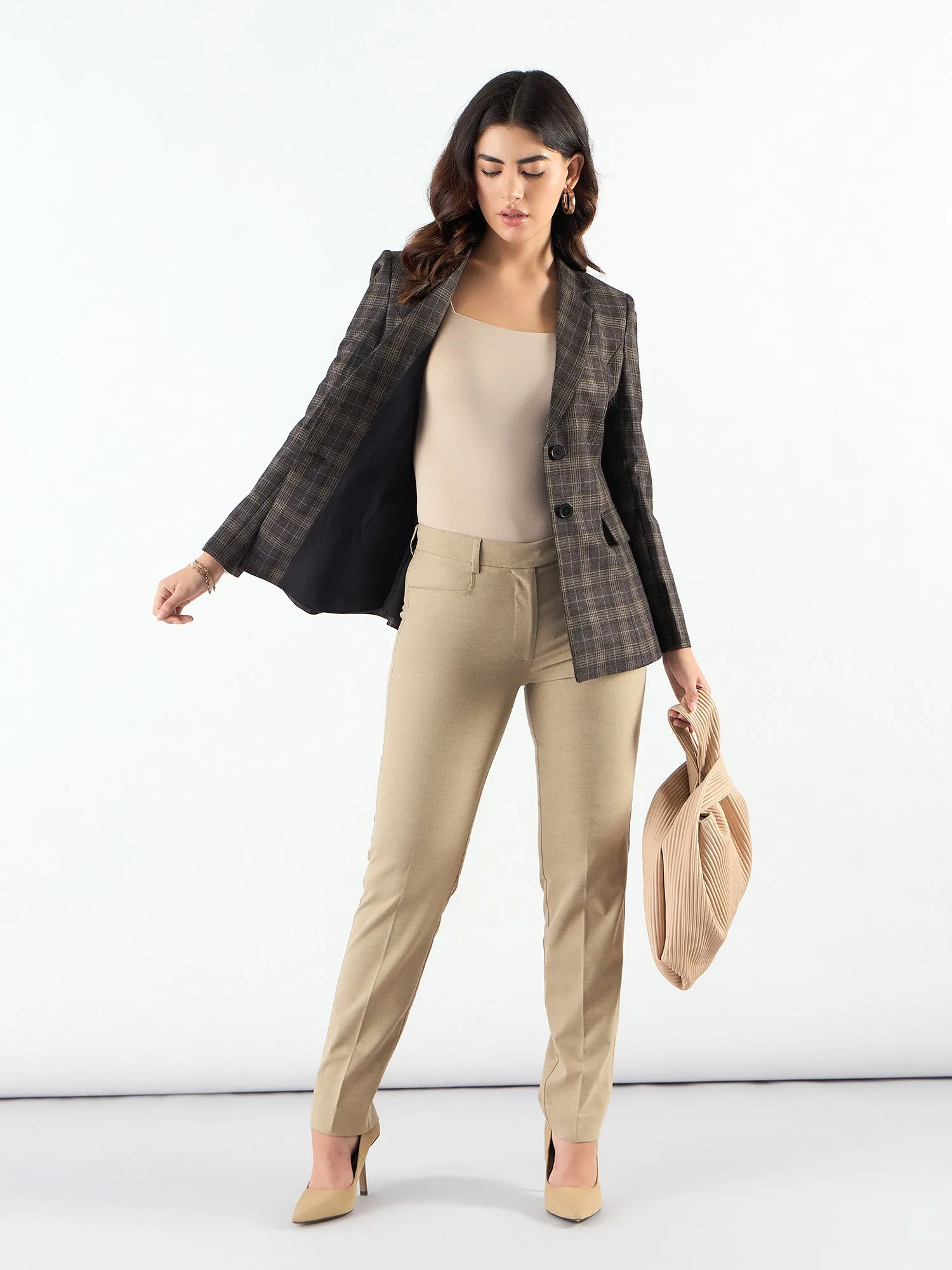 Brown Poly Viscose Warm Tweed Tailored Fit Long Blazer