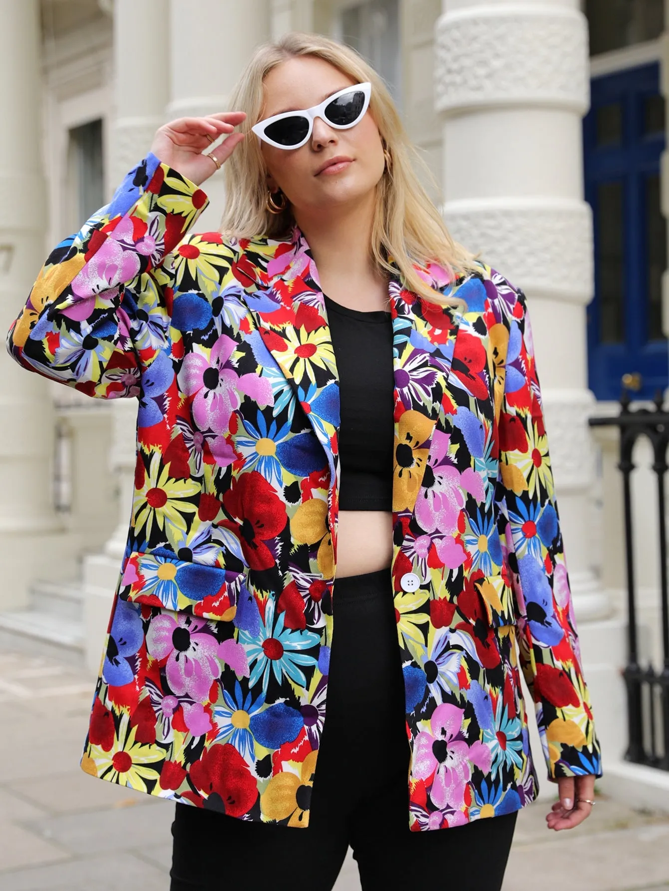 Casual All Over Print Pocket Long Sleeve Lapel Long Plus Size Blazer