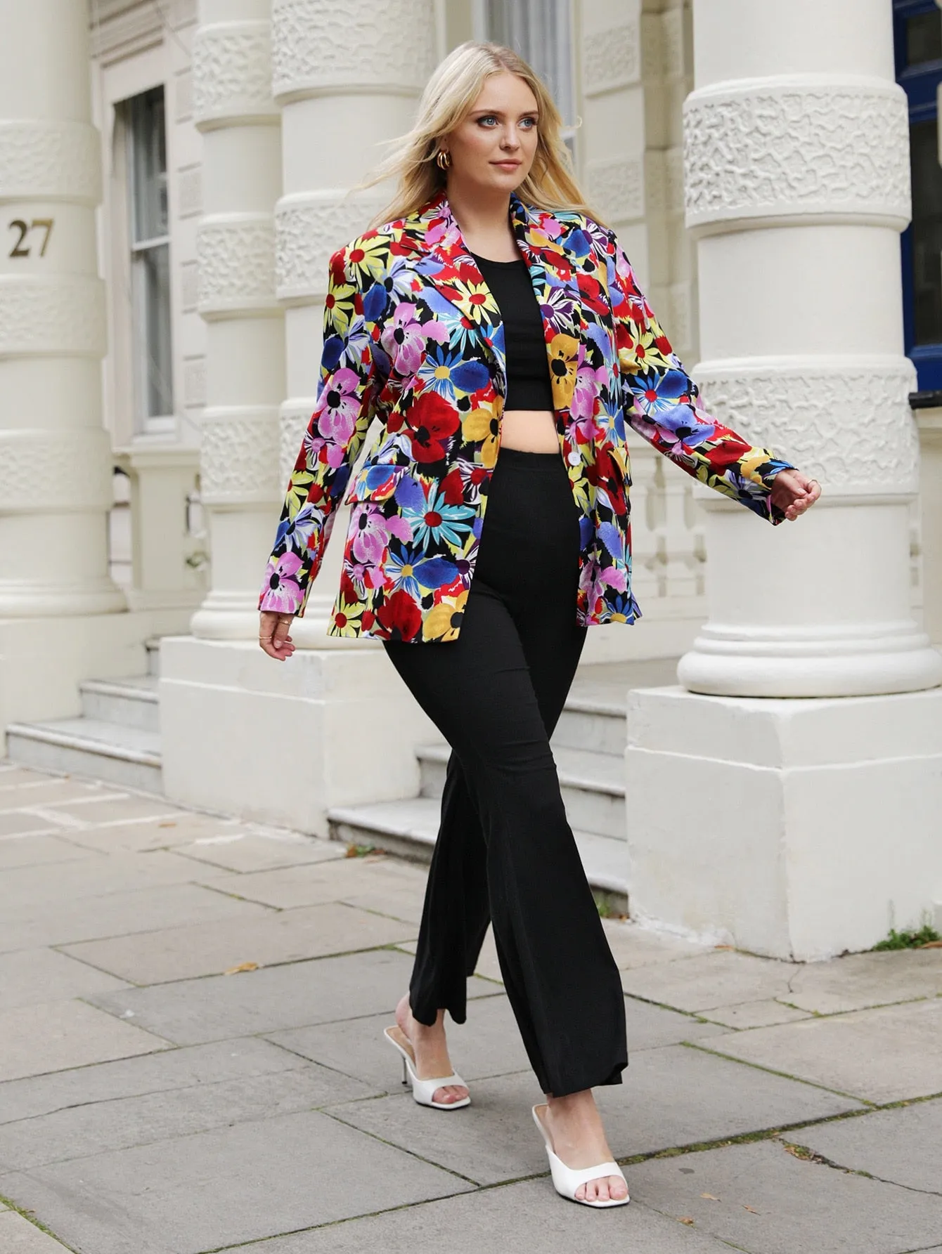 Casual All Over Print Pocket Long Sleeve Lapel Long Plus Size Blazer