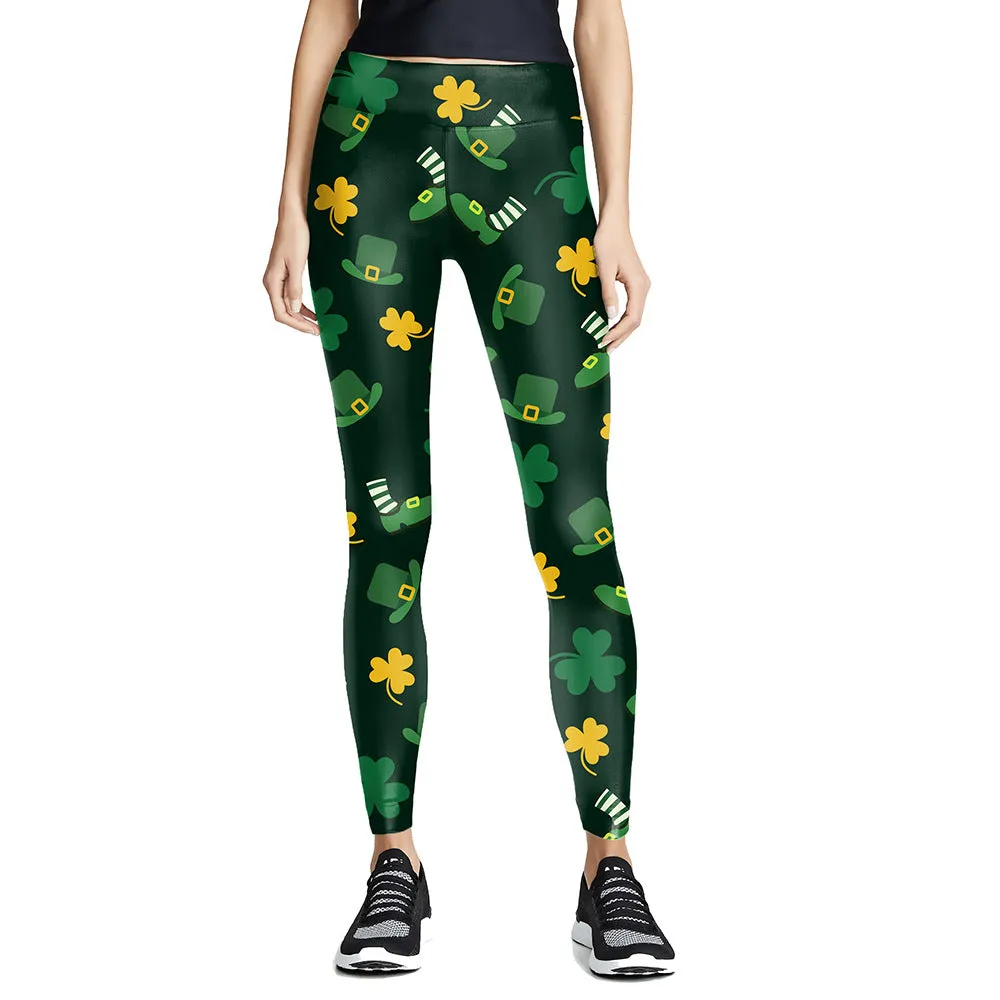 Digital Printed Green Leaf Elastic Slim Fit Running Pants Yoga Pants