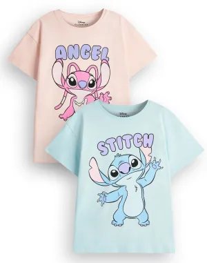 Disney Stitch & Angel 2 Pack Girls Multicoloured Multi-Pack of 2 Short-Sleeved T-Shirts