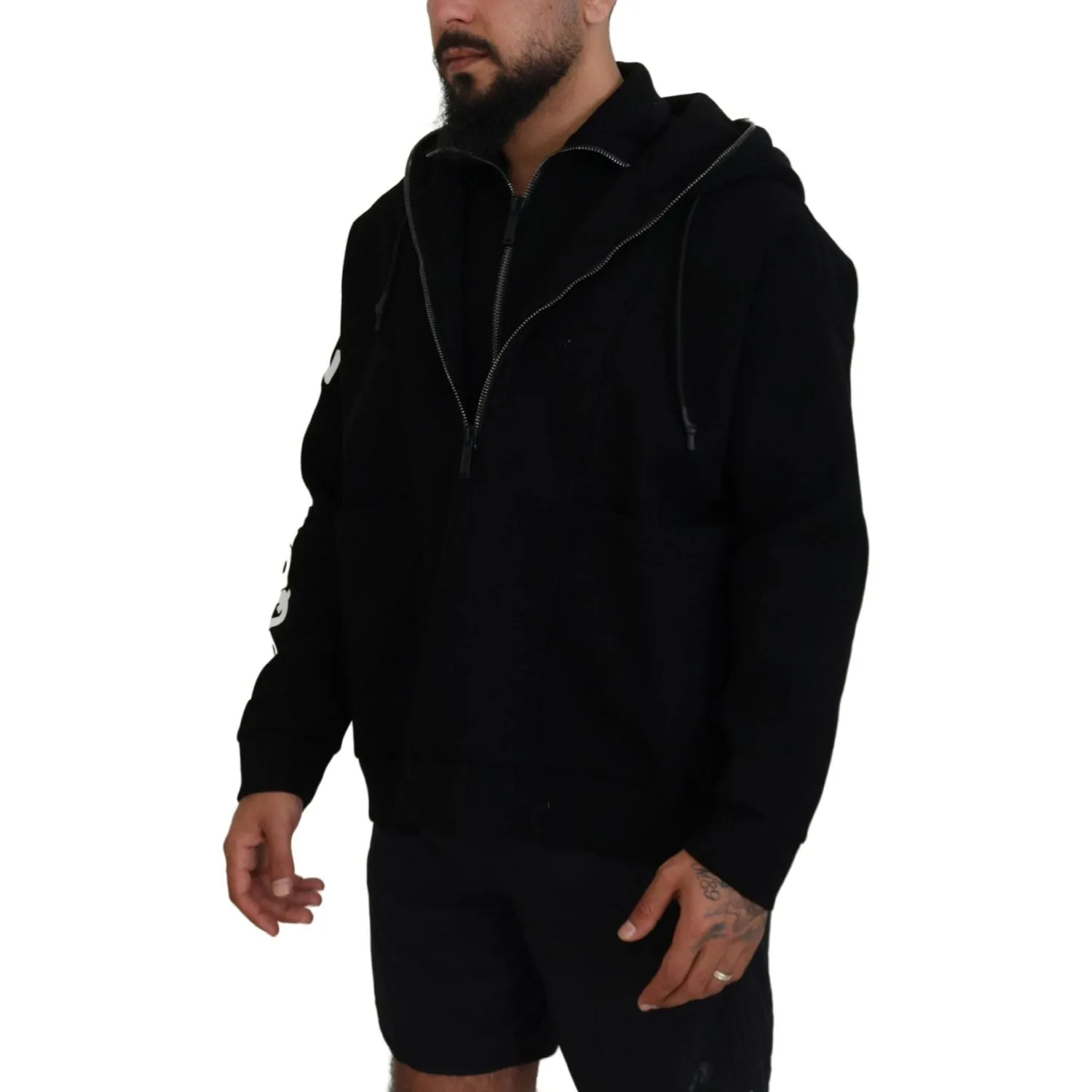 Dsquared² Black Hooded Printed Sleeves Double Zip Sweater