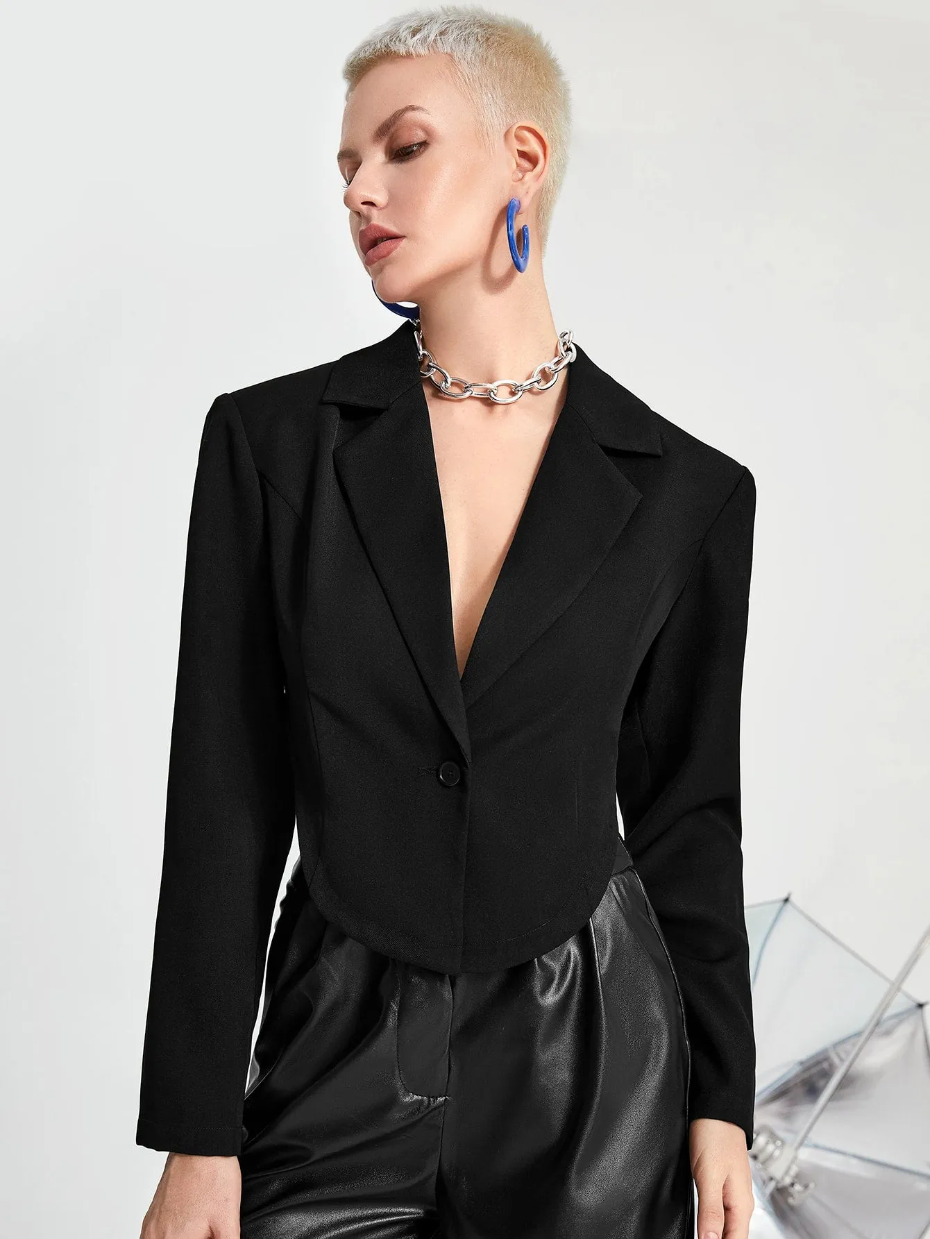 Elegant Plain Button Front Long Sleeve Lapel Asymmetrical Crop Women Blazer