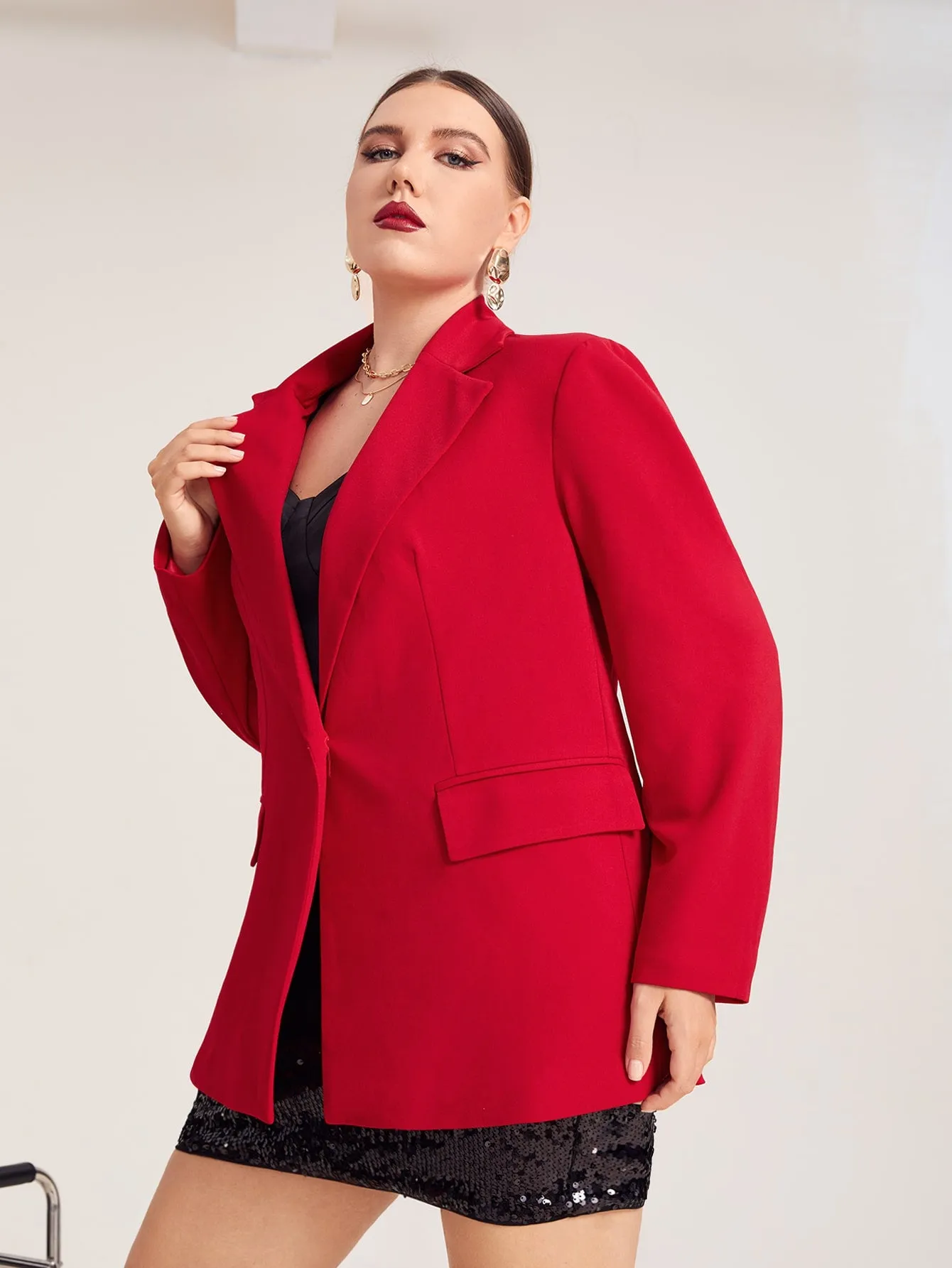 Elegant Plain Pocket Long Sleeve Lapel Long Plus Size Blazer