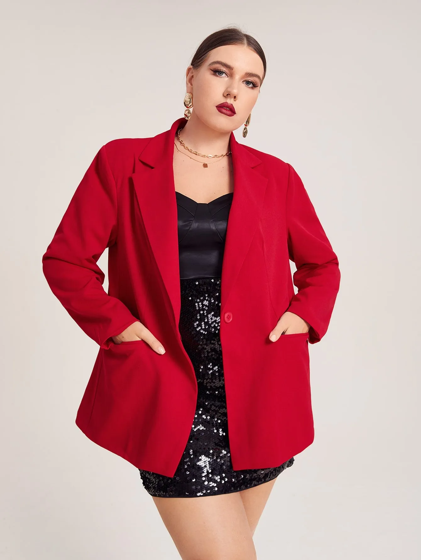 Elegant Plain Pocket Long Sleeve Lapel Long Plus Size Blazer