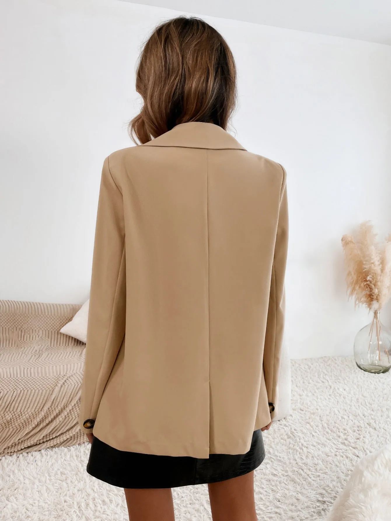 Elegant Plain Pocket Long Sleeve Lapel Regular Women Blazer