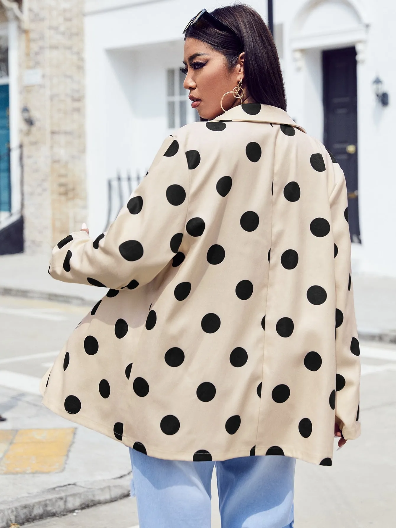 Elegant Polka Dot Button Front Long Sleeve Lapel Long Plus Size Blazer