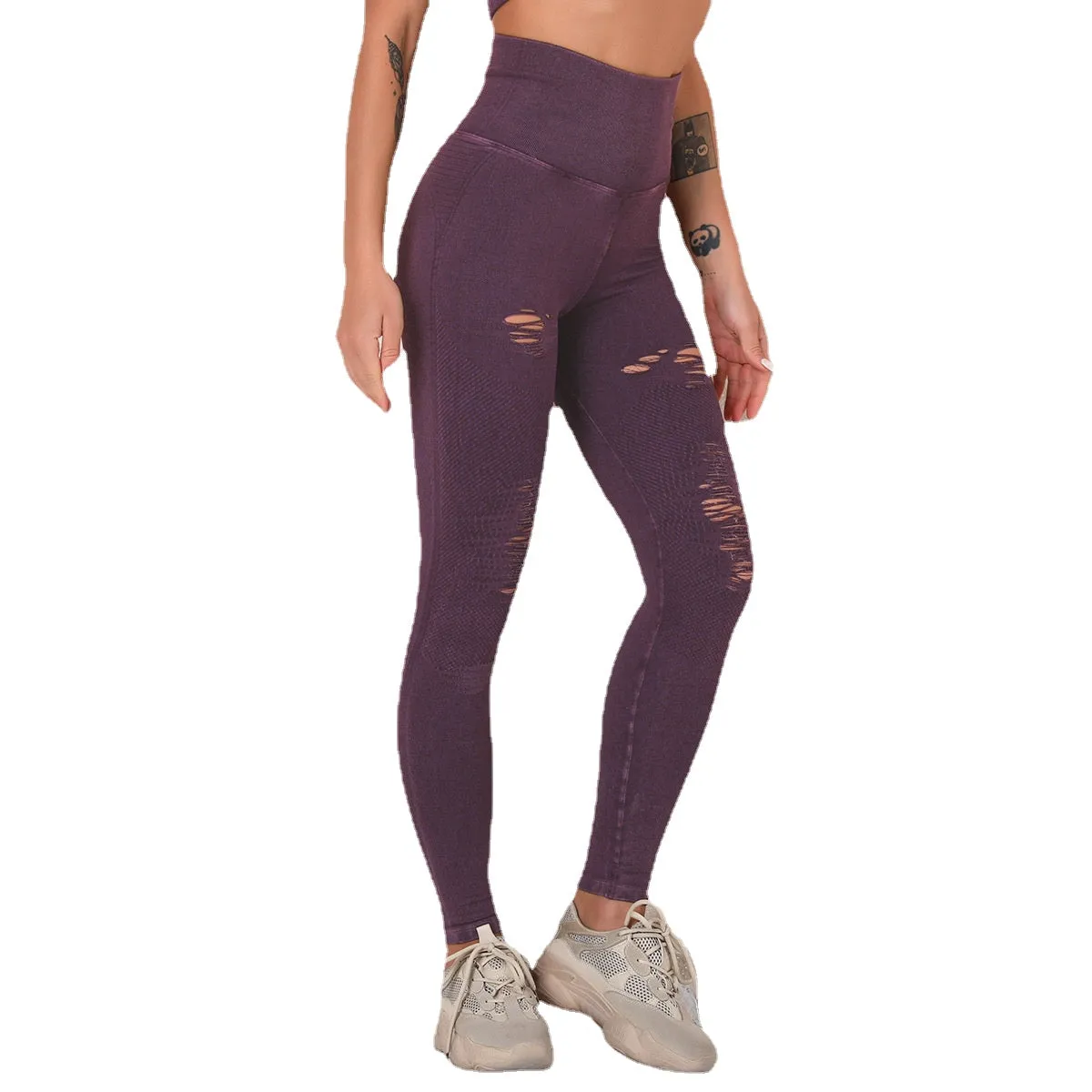 European and American Washed Yoga Pants Ripped Hollow-out Seamless High Waist Sports Ninth Pants Hip Raise Fitness Pants Women