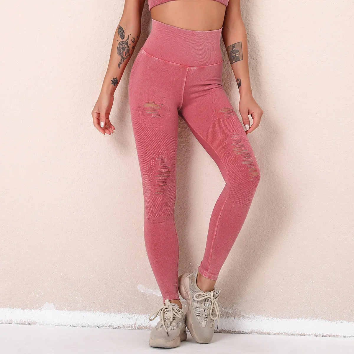 European and American Washed Yoga Pants Ripped Hollow-out Seamless High Waist Sports Ninth Pants Hip Raise Fitness Pants Women