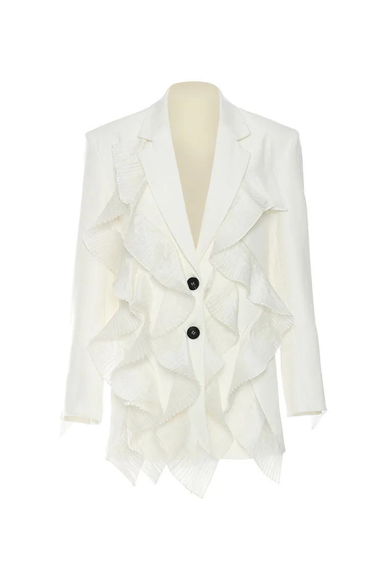 Feminine Pleated Ruffle Lapel Collar Long Sleeve Single Breasted Twill Blazer