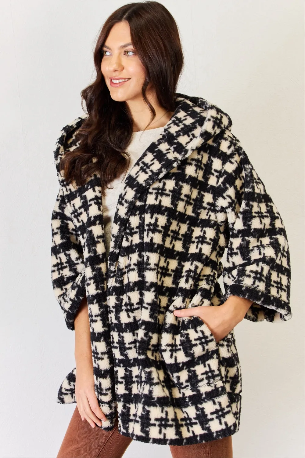 Fuzzy Jacket Black and White Pattern Plaid Waist Tie Hooded Women's Coat