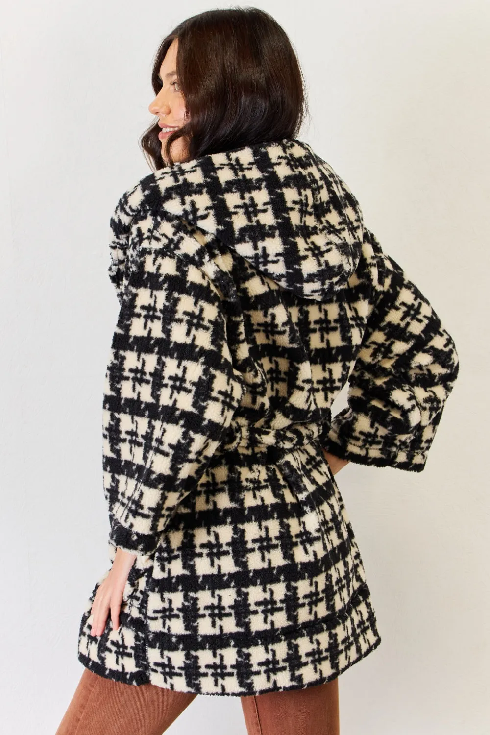 Fuzzy Jacket Black and White Pattern Plaid Waist Tie Hooded Women's Coat