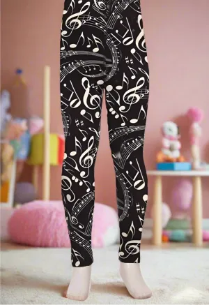 Girls Music Note Leggings, Kids Yoga Pants, Sizes S/L, No-Roll Waist, Black/White