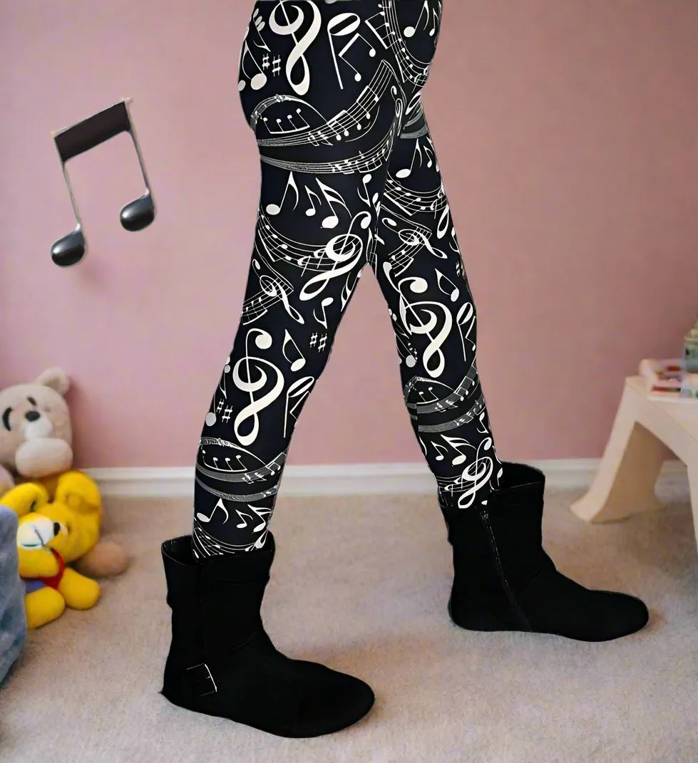 Girls Music Note Leggings, Kids Yoga Pants, Sizes S/L, No-Roll Waist, Black/White