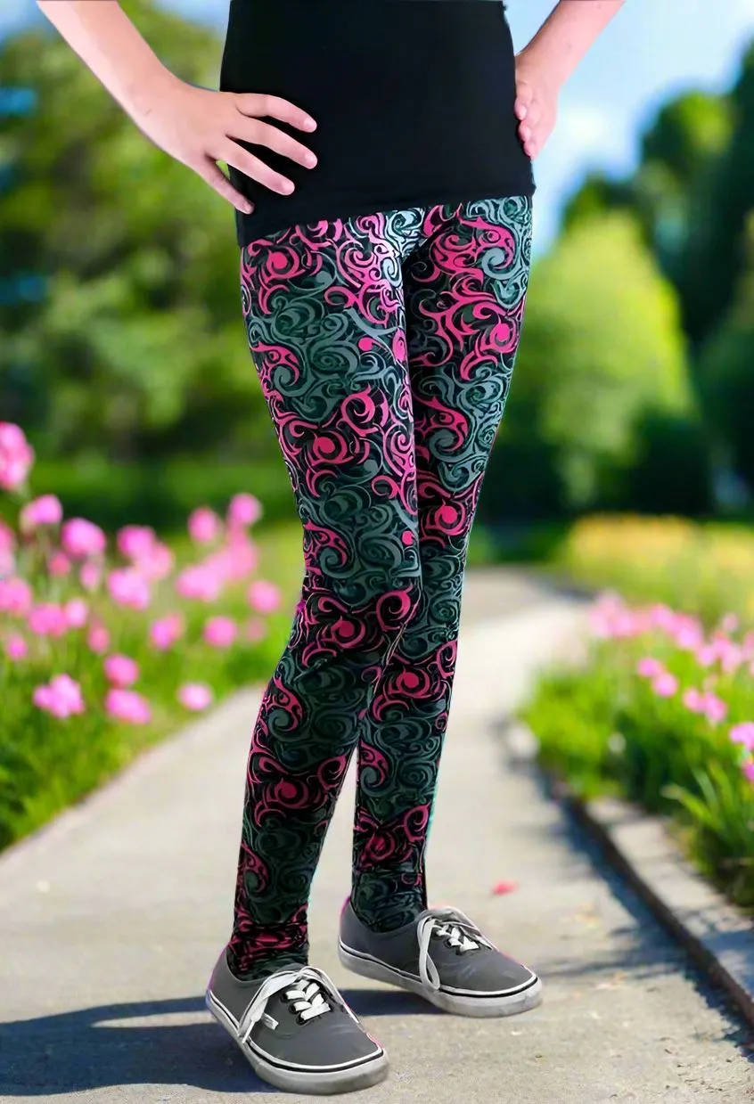 Girls Pink Paisley Leggings, Kids Yoga Pants, Sizes S/L, No-Roll Waist, Pink/Gray/Green