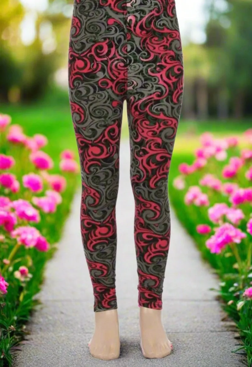 Girls Pink Paisley Leggings, Kids Yoga Pants, Sizes S/L, No-Roll Waist, Pink/Gray/Green