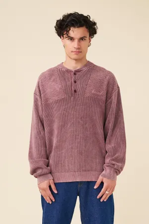 HALF BUTTON PANEL ACID WASHED PULLOVER - CARDINAL