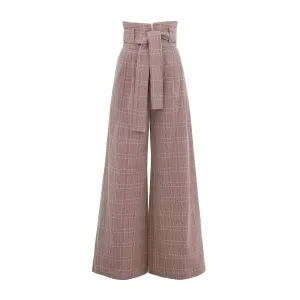 High Waist Long Wide Leg Trousers Warm Taupe With White Grid