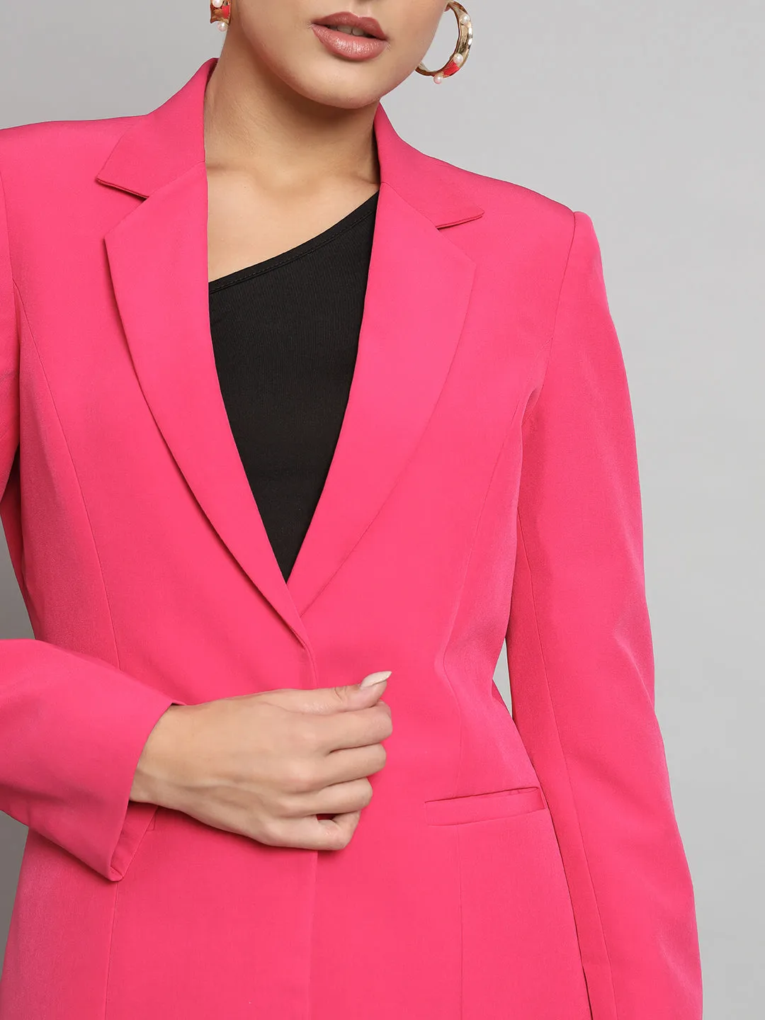 Hot Pink Polyester Notch Collar Stretch blazer