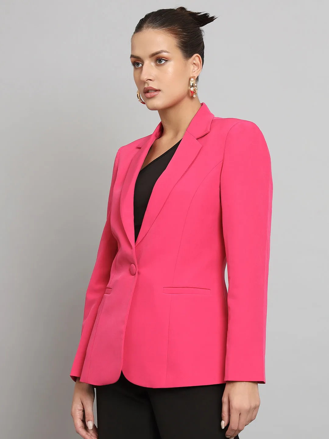 Hot Pink Polyester Notch Collar Stretch blazer