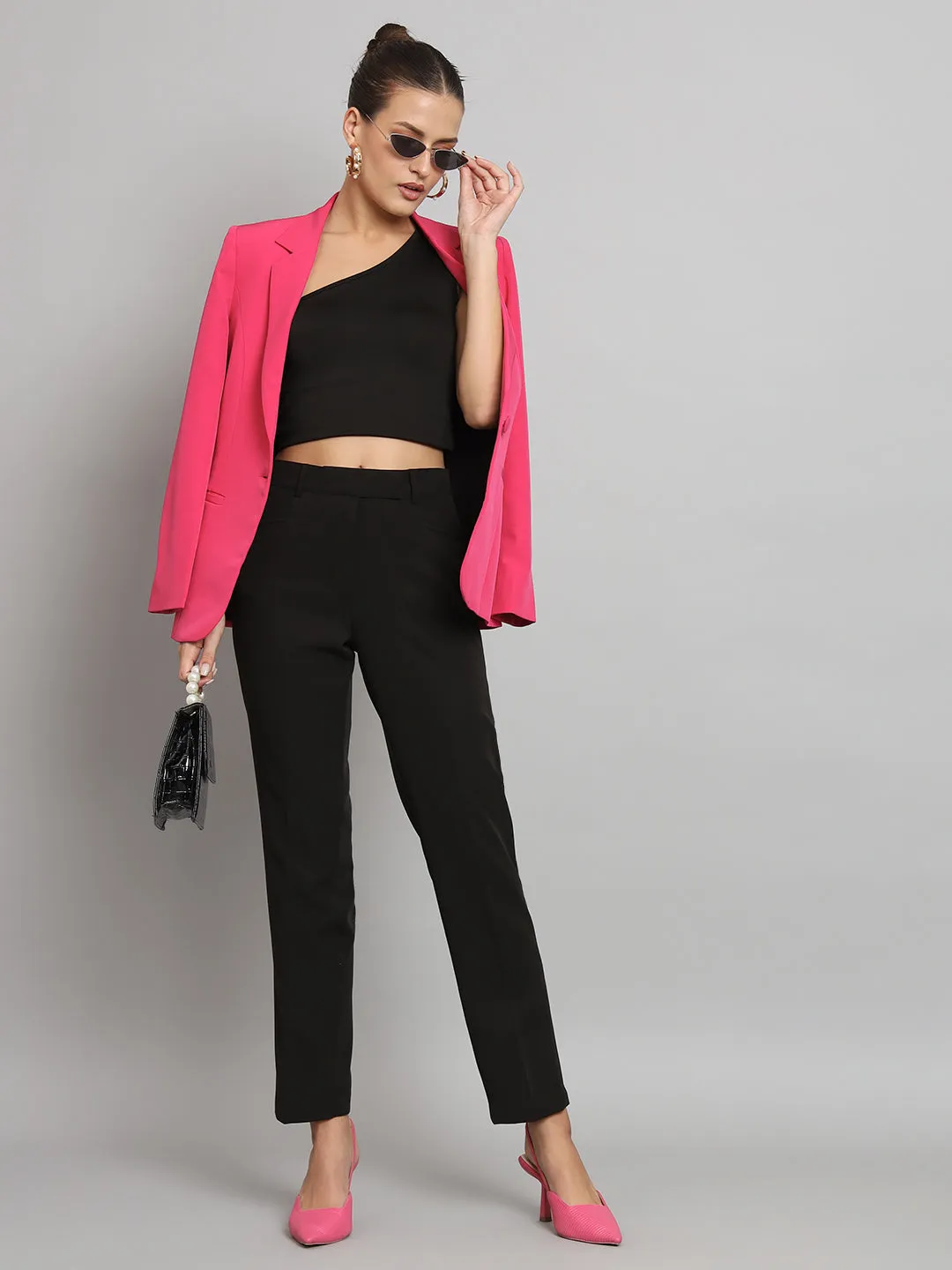 Hot Pink Polyester Notch Collar Stretch blazer