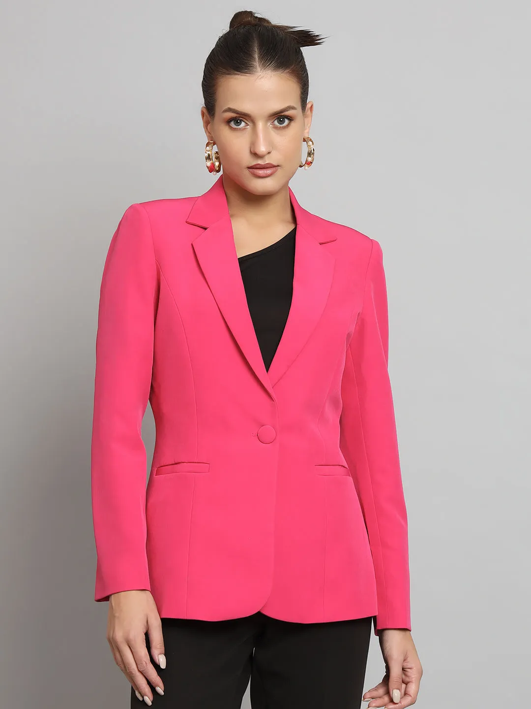 Hot Pink Polyester Notch Collar Stretch blazer