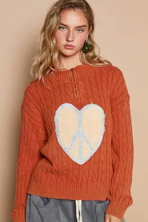 kesley  Cable-Knit Peace Patch Dropped Shoulder Sweater