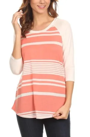 Knit Raglan 3/4 Sleeve Stripe Shirt with Rounded Hem