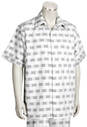 Offset Stitch Grids Short Sleeve 2pc Walking Suit Set - Gray