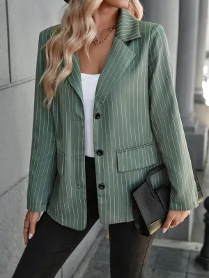 Pinstriped Print Lapel Neck Flap Detail Blazer