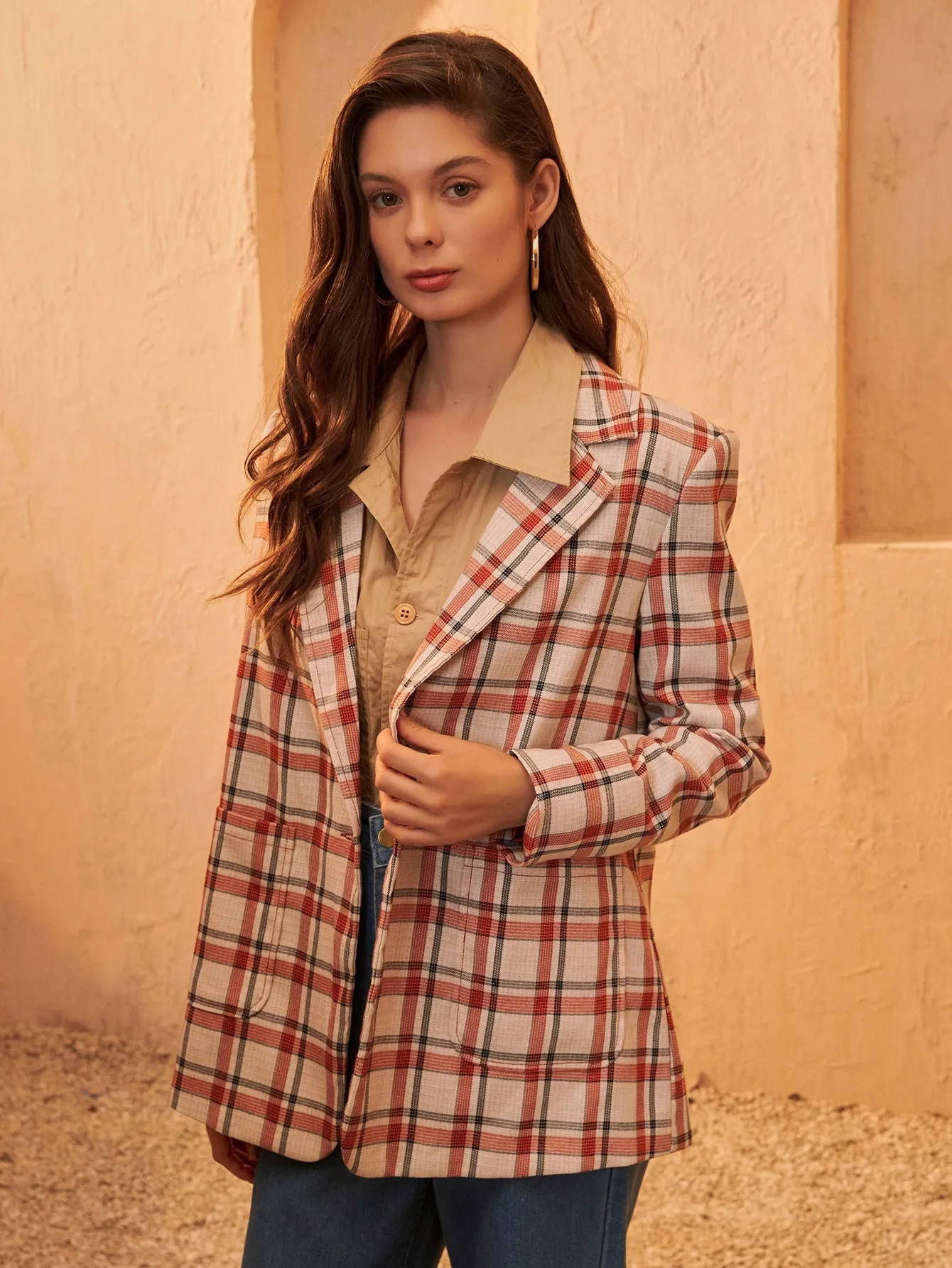 Preppy Plaid Button Front Long Sleeve Lapel Slit Long Women Blazer