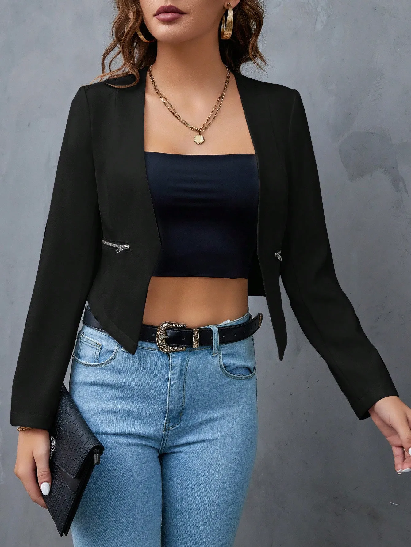 Privé Solid Open Front Crop Blazer