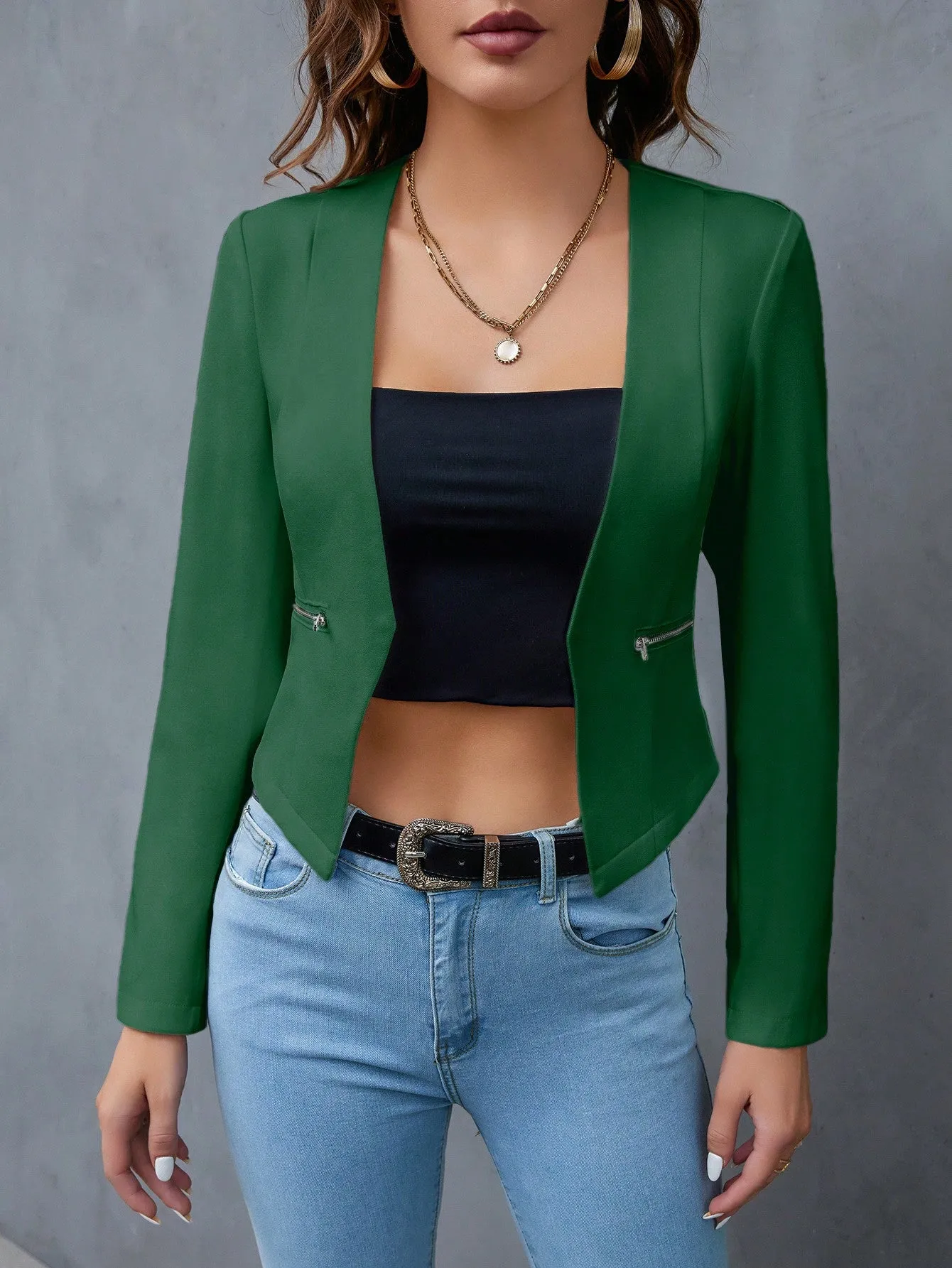 Privé Solid Open Front Crop Blazer