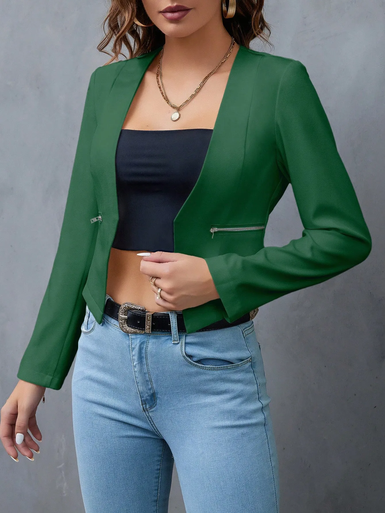 Privé Solid Open Front Crop Blazer