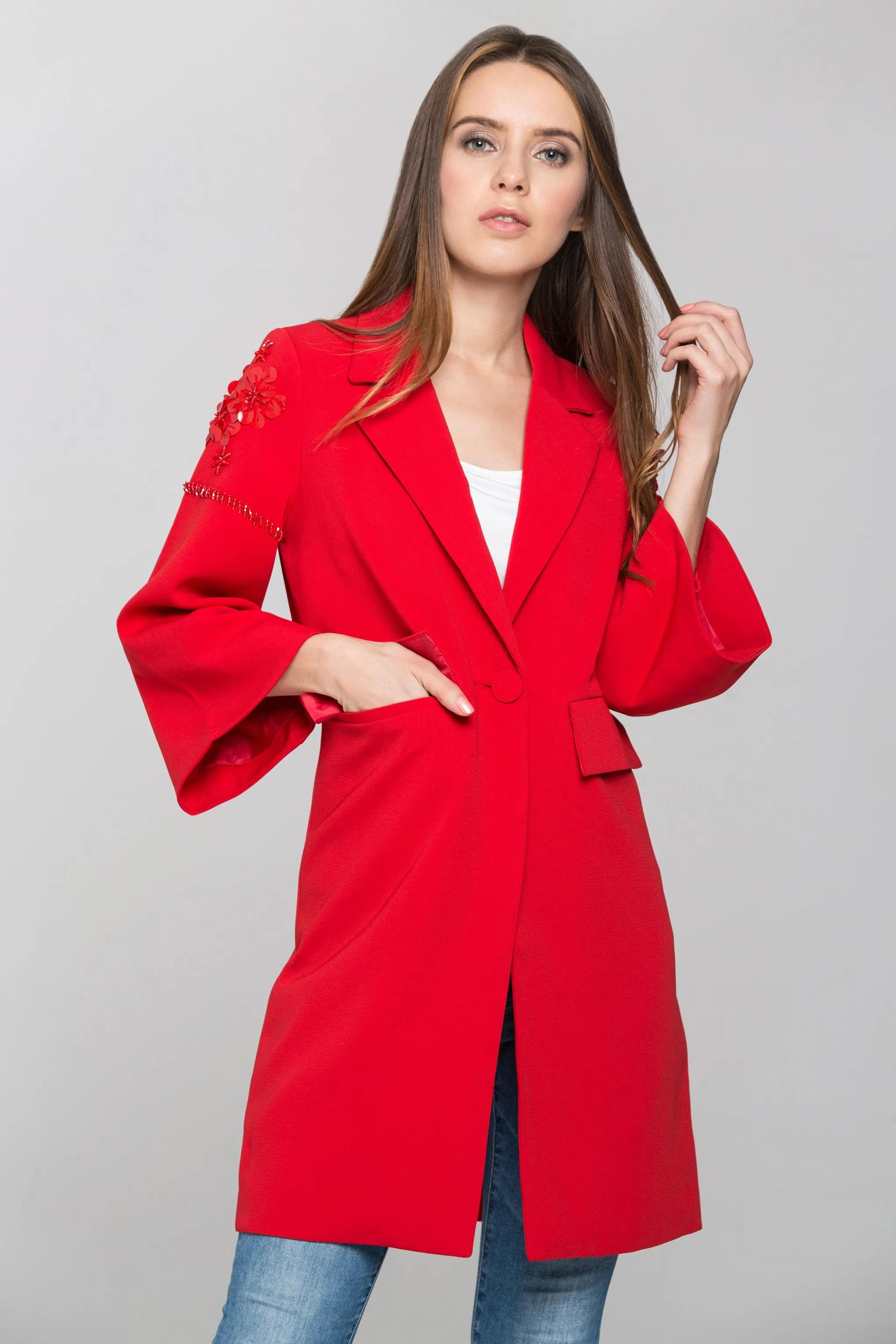 Red Flower Shoulder Long Blazer