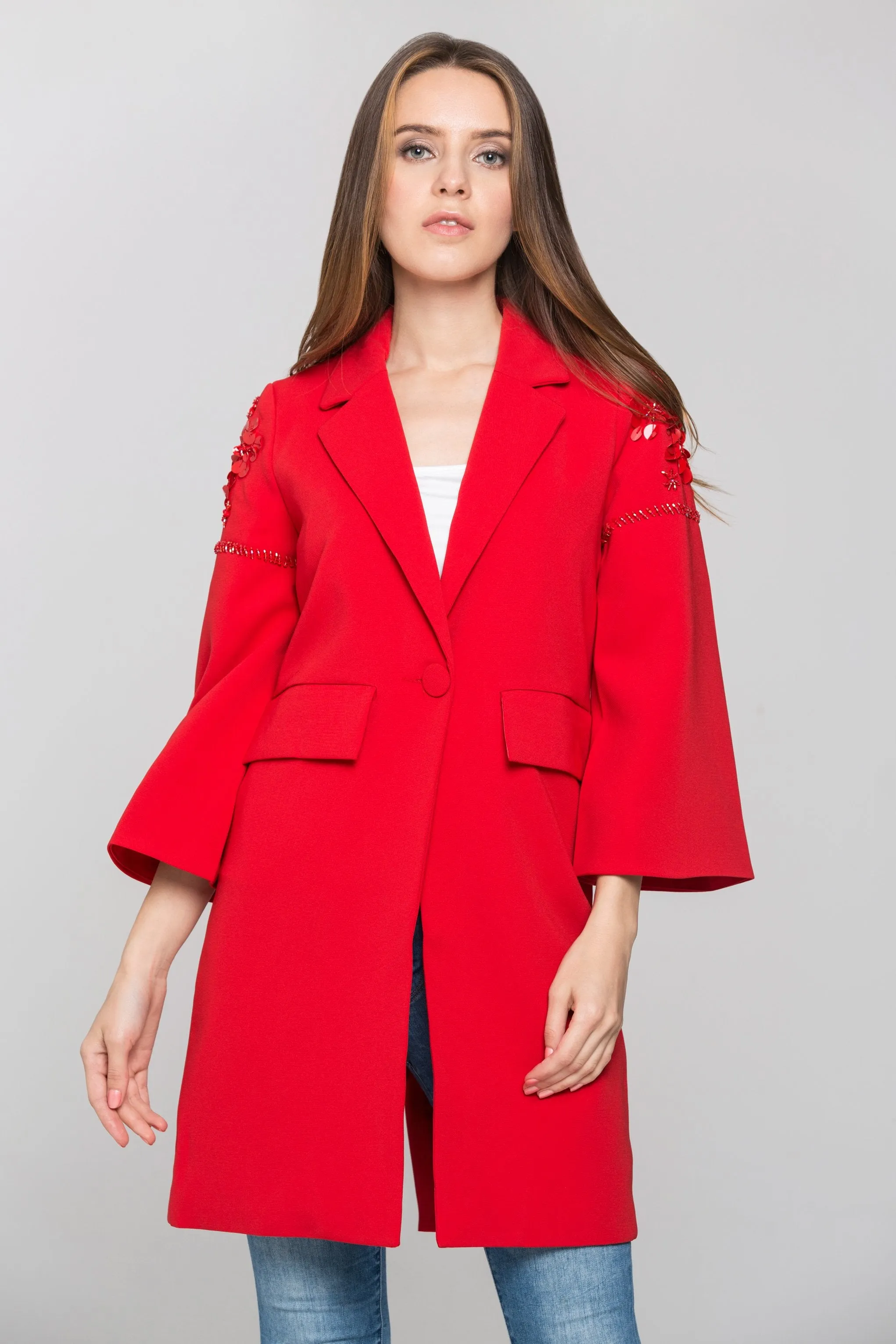 Red Flower Shoulder Long Blazer