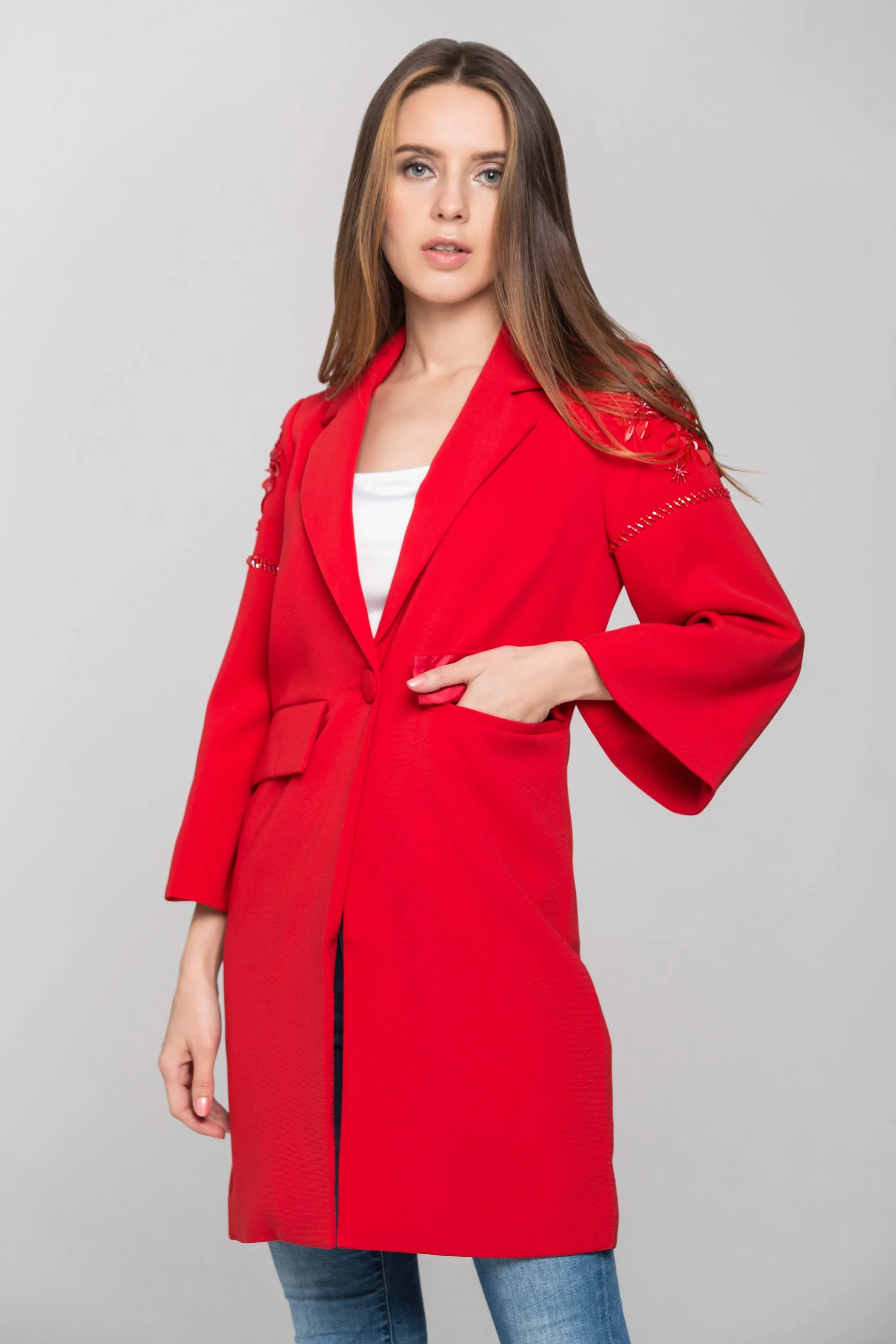 Red Flower Shoulder Long Blazer