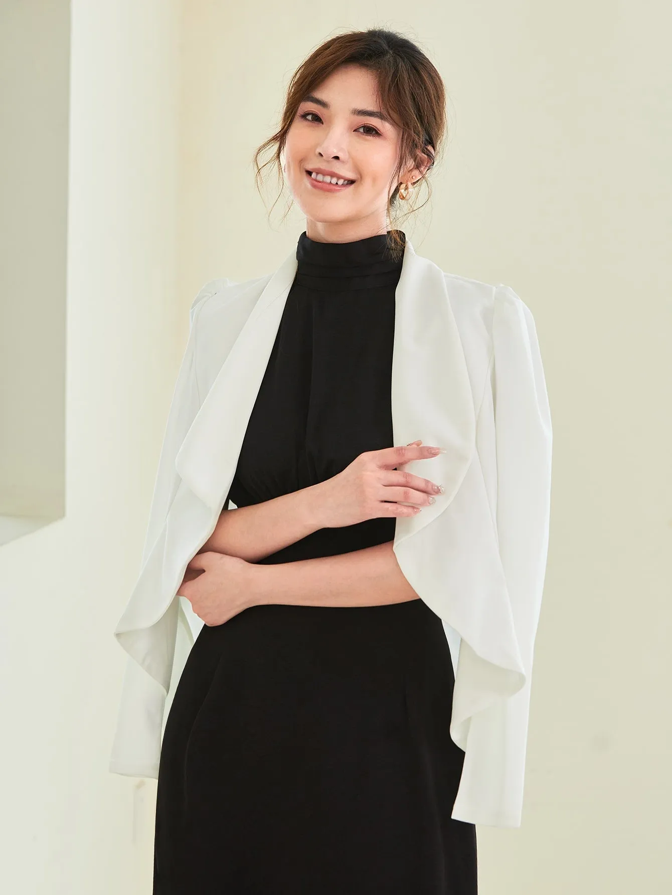 Shawl Collar Puff Sleeve Open Front Blazer Without Cami Top