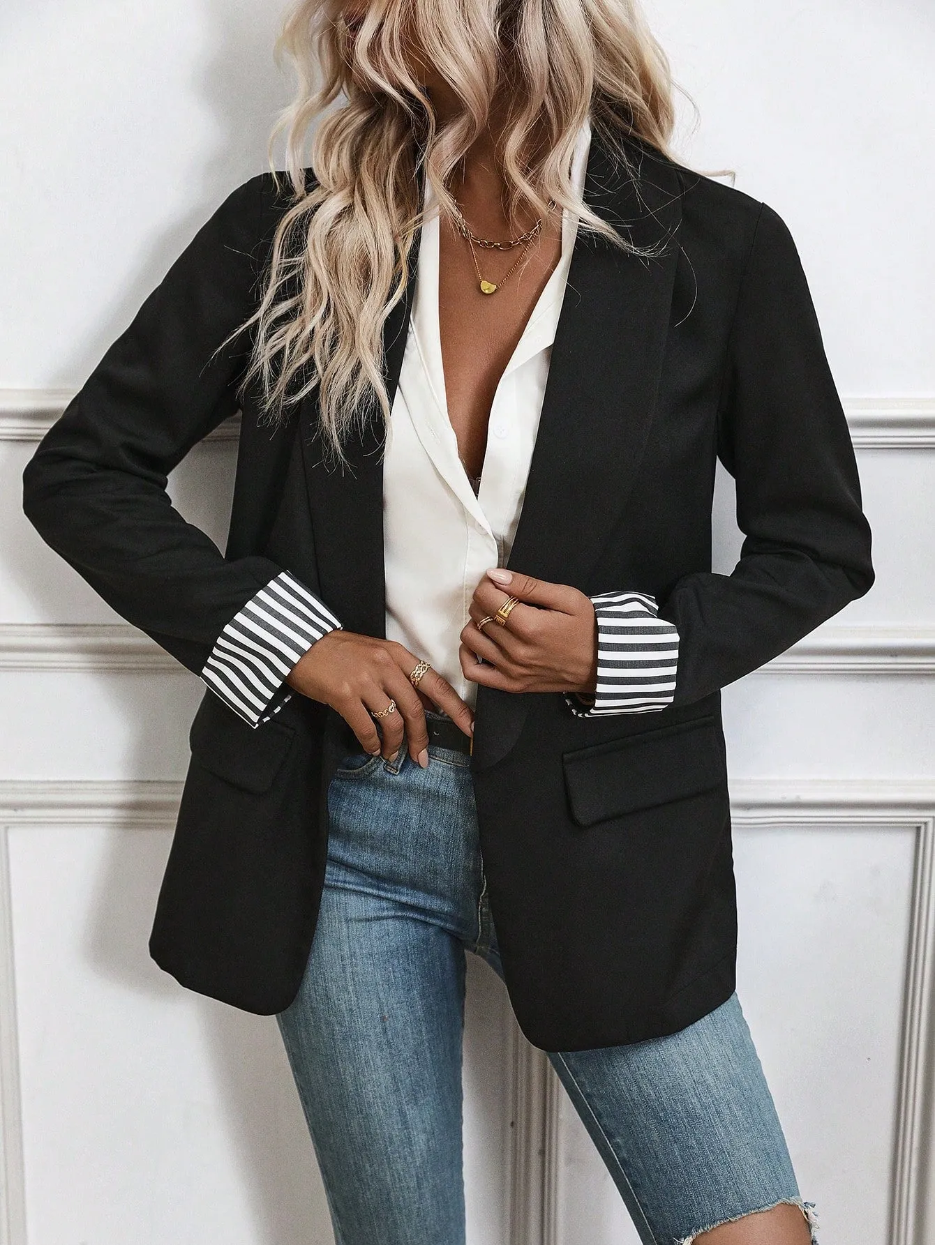 Striped Print Shawl Collar Open Front Blazer