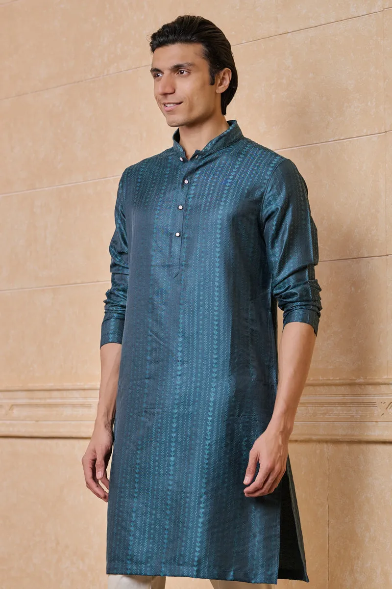 Teal Jacquard Embroidered Kurta