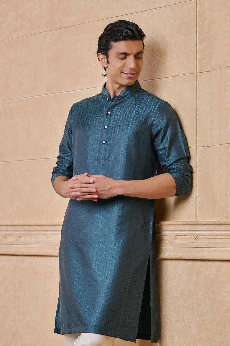 Teal Jacquard Embroidered Kurta