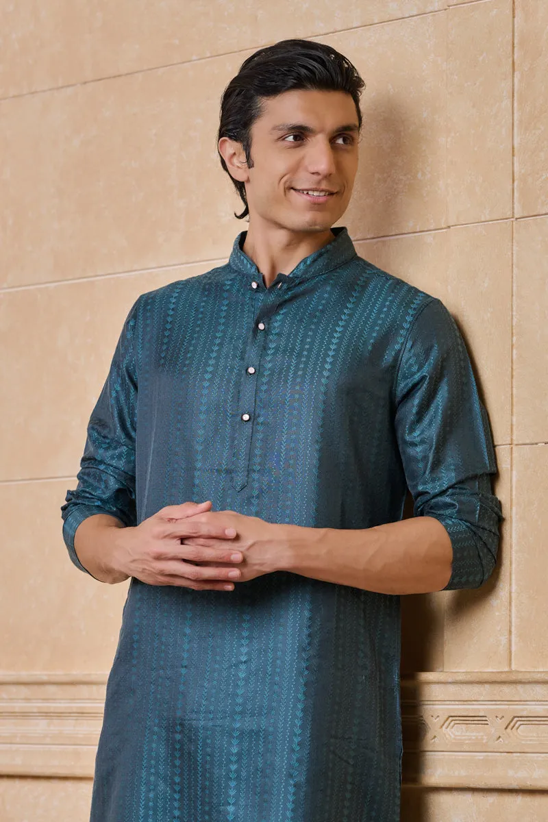 Teal Jacquard Embroidered Kurta