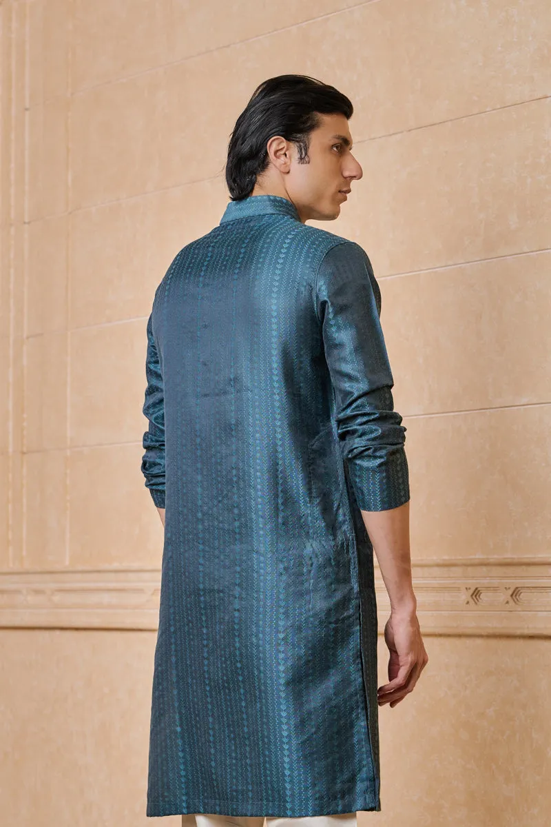 Teal Jacquard Embroidered Kurta